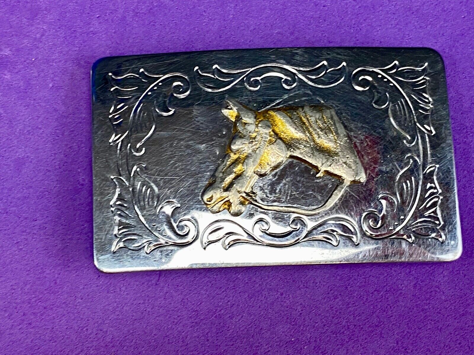 USA made western horse head bust on mixed metal belt buckle 