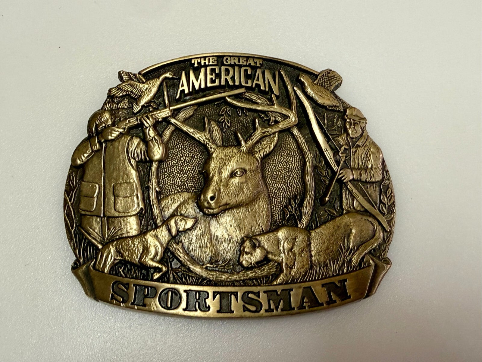 American Sportsman Bird Deer Riffle Bow Hunting Dog Solid Brass ADM Belt Buckle