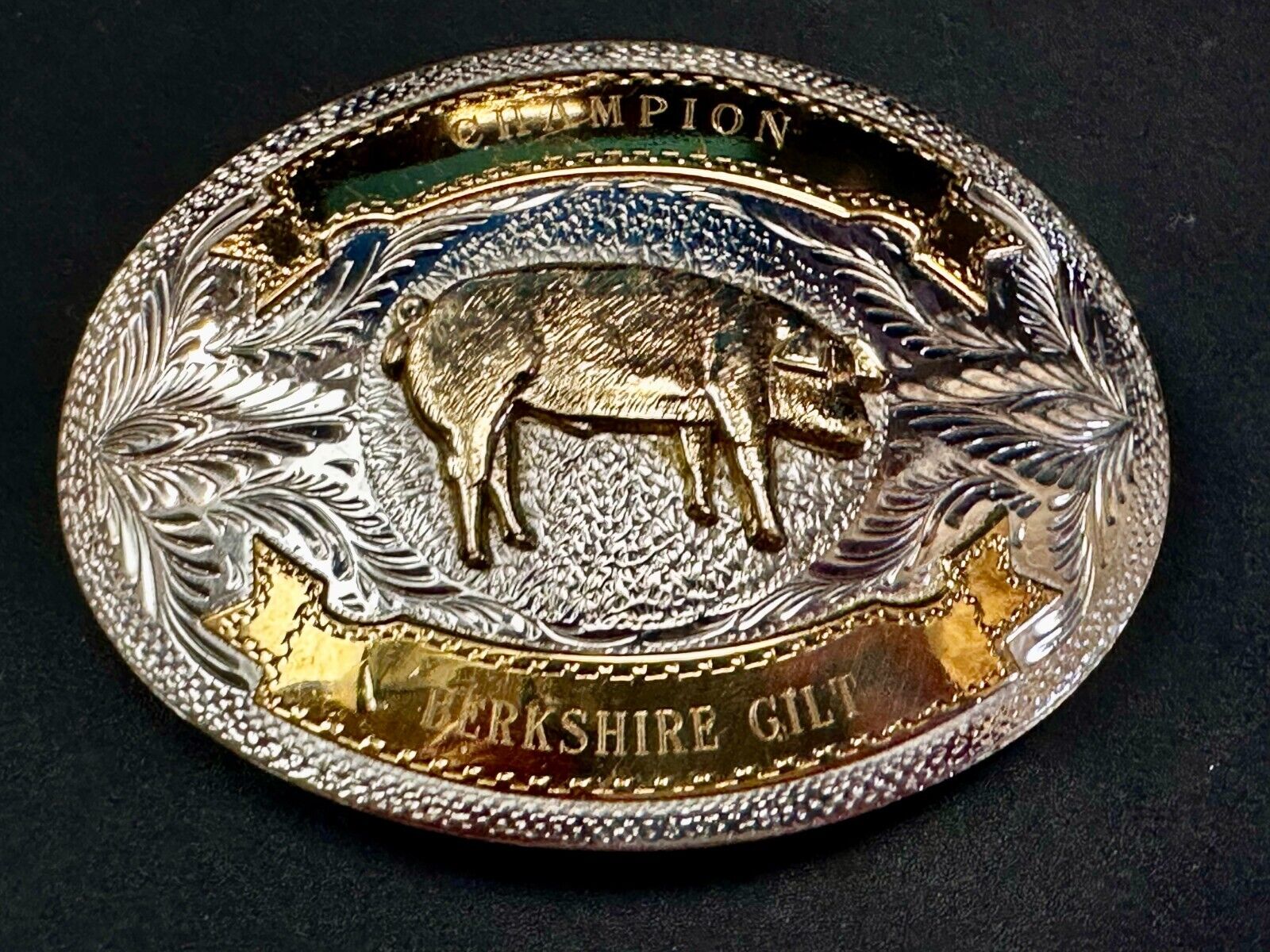 Berkshire Gilt Pig Breed Show Champion Ribbon Trophy Award Design Belt Buckle