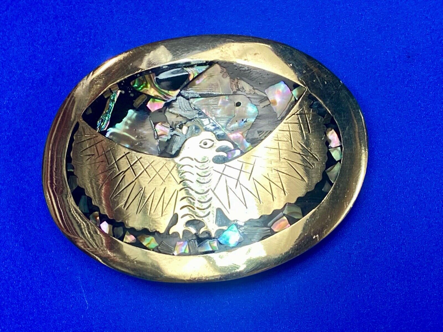 Abalone Shell Native BIRD - wings wide Alpaca Mexico stamped belt buckle
