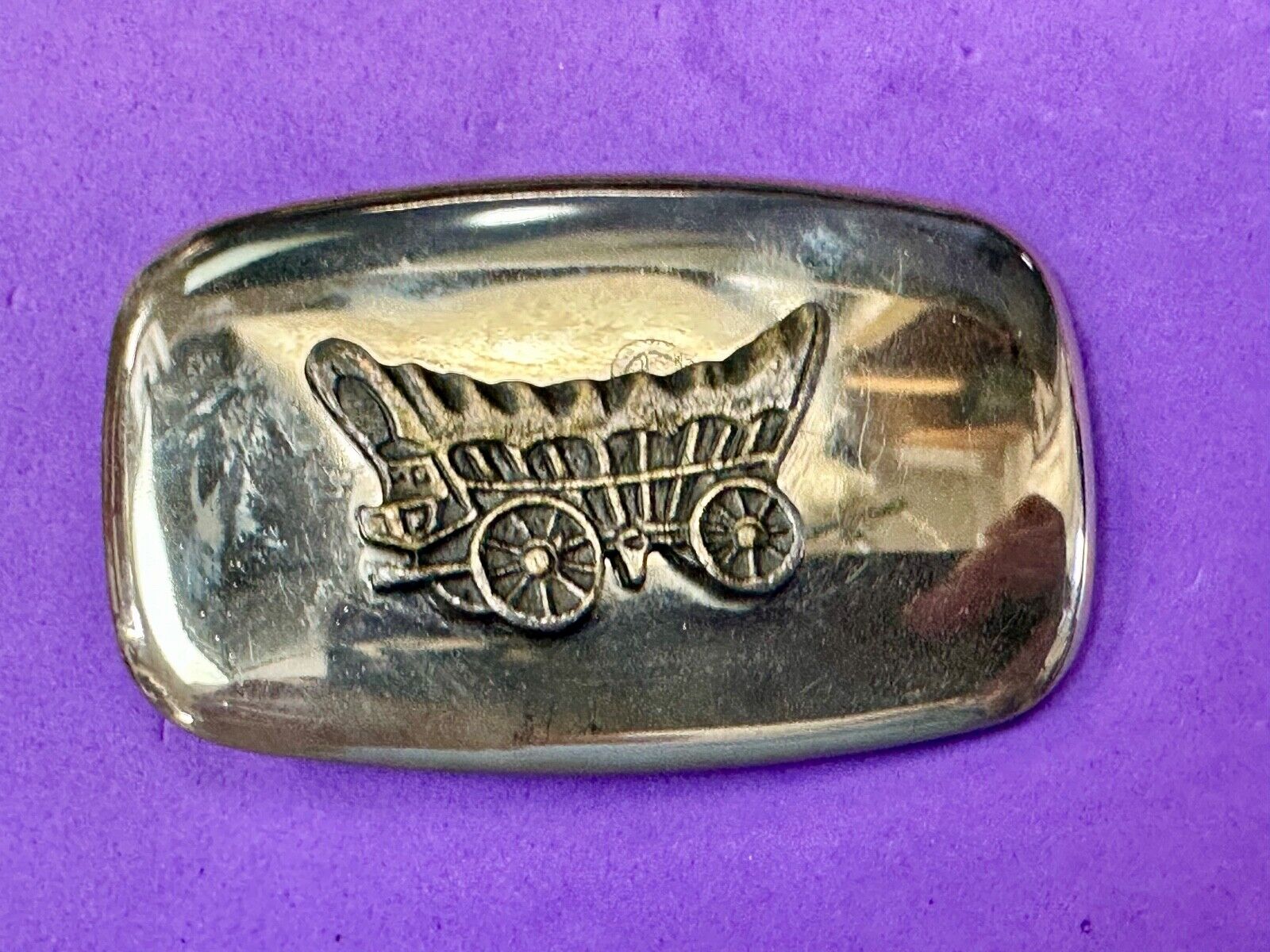 70s Covered Wagon two tone reflective rounded corner USA made belt buckle