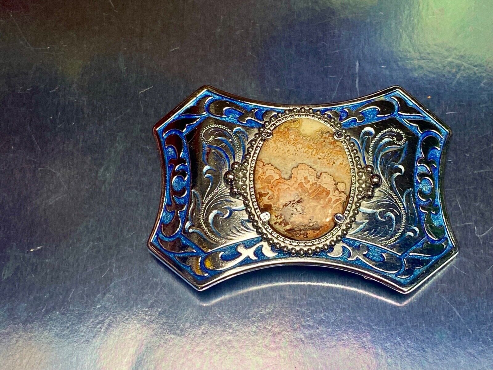 Unique Oval Cabochon Stone Centerpiece On Silver & Blue Color Belt Buckle
