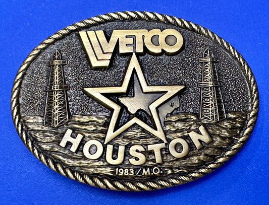 Vetco Texas Houston State Lone Star Oil Well Rig Vintage Brass Belt Buckle