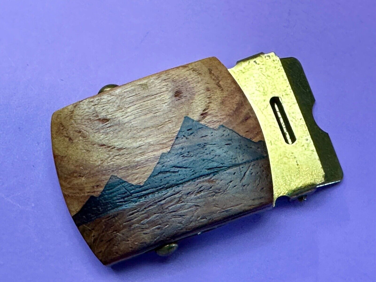 Artisan Mountain scene - Mixed Wood Top Solid Brass Ratchet Dress Belt Buckle