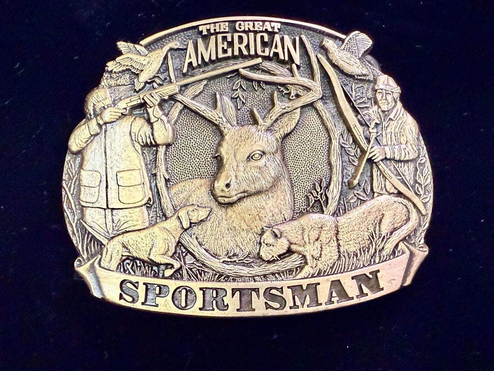 American Sportsman Bird Deer Riffle Bow Hunting Dog Solid Brass ADM Belt Buckle
