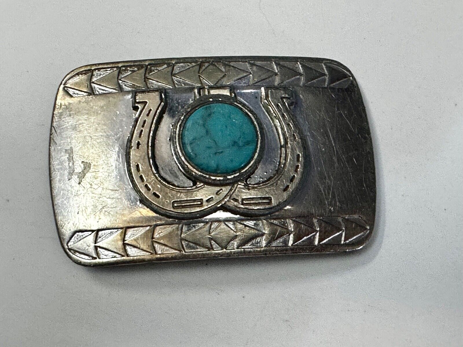 Turquoise Stone centerpiece Western Belt Buckle w/Lucky Dual Horseshoe Surround
