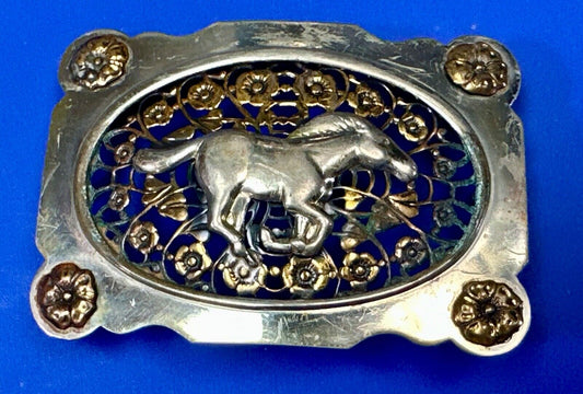 Unique Running Horse in ornate cutout see through vintage two tone belt buckle