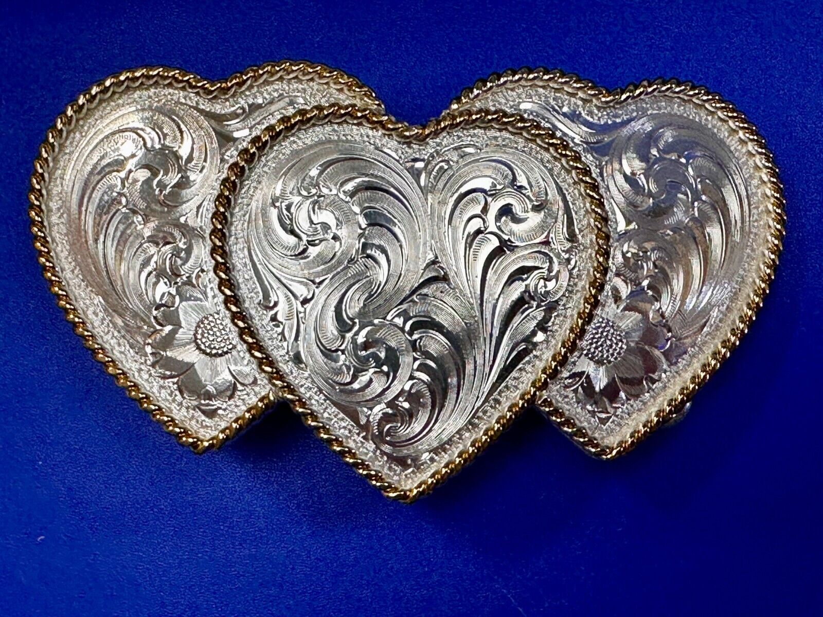 Triple 3 Hearts  Etched Floral Vintage Large Montana Silversmiths Belt Buckle