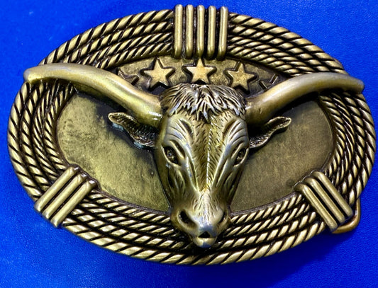 3D Longhorn Bull Head with Stars Rope Border Western Rodeo Cowboy Belt Buckle