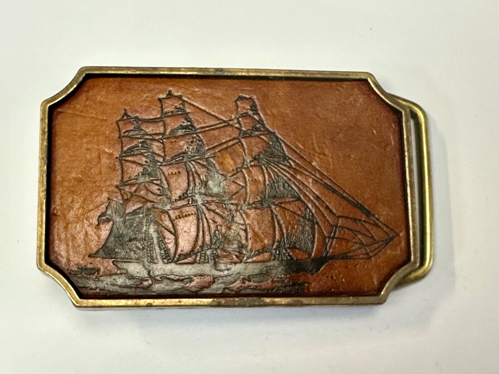 Three mast Sail Boat Ship Nautical theme leather and solid brass BTS belt buckle
