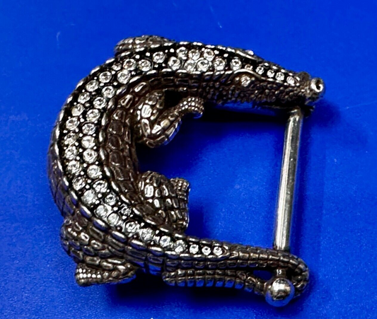 Alligator Crocodile with Rhinestone Figural Cutout Silver Tone Cord Belt Buckle