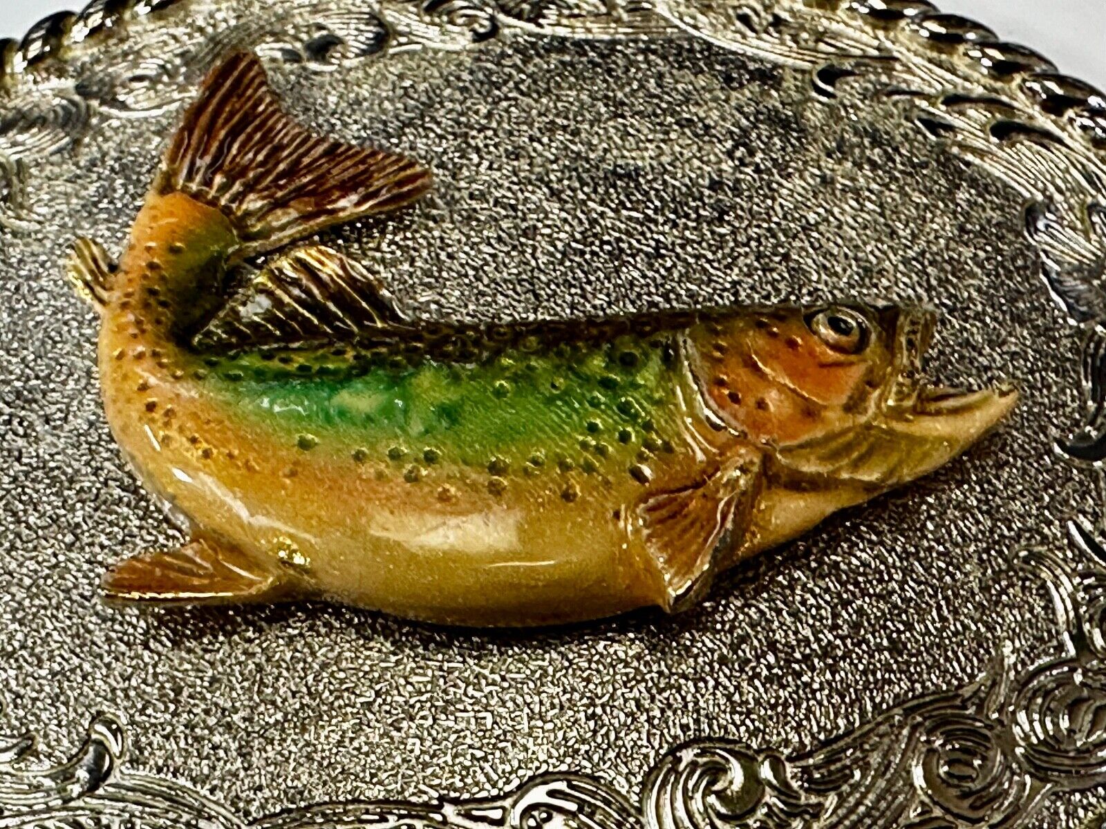 Trout Fish Fisherman Gift Vintage 1978 Oval Belt Buckle by Rain Tree