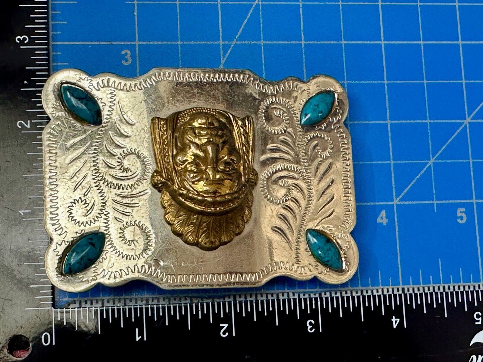 3D Native American Indian Chief & Turquoise stones Nickel Silver Vtg Belt Buckle