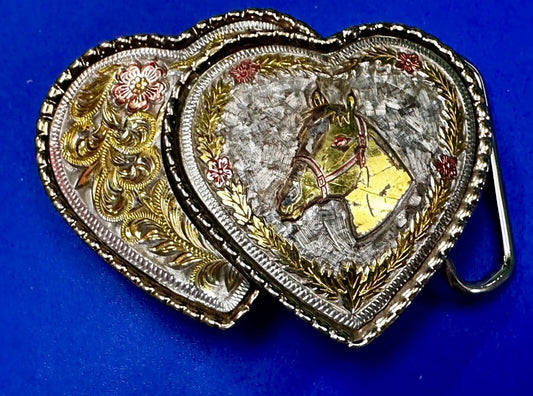 Twin Dual Hearts Horse Head Flower Swirl FloralWestern Belt Buckle W USA