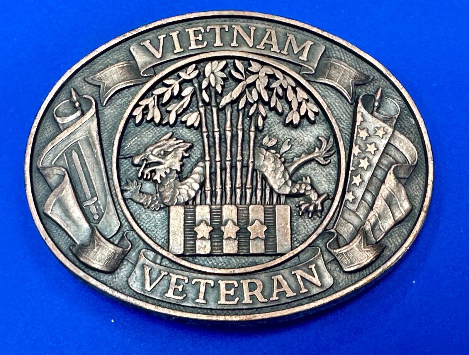Vietnam War Veteran - vintage dragon, Patriotic American Flag oval belt buckle