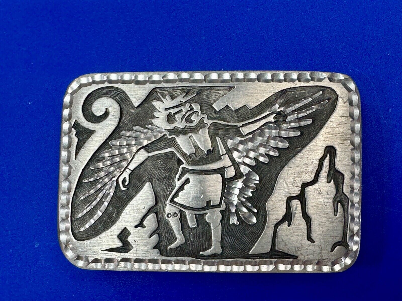 Unique Carving Ancient Mayan God Man Wings etched pewter vintage belt buckle