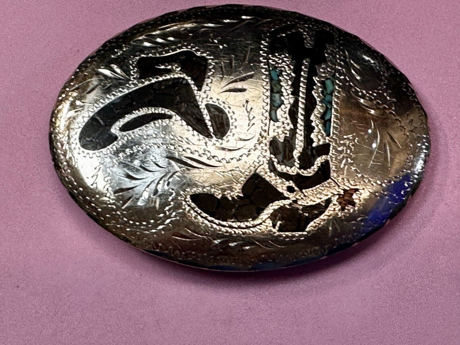 Turquoise & Coral Inlay Western Cowboy Hat Boots Large Native? Art Belt Buckle