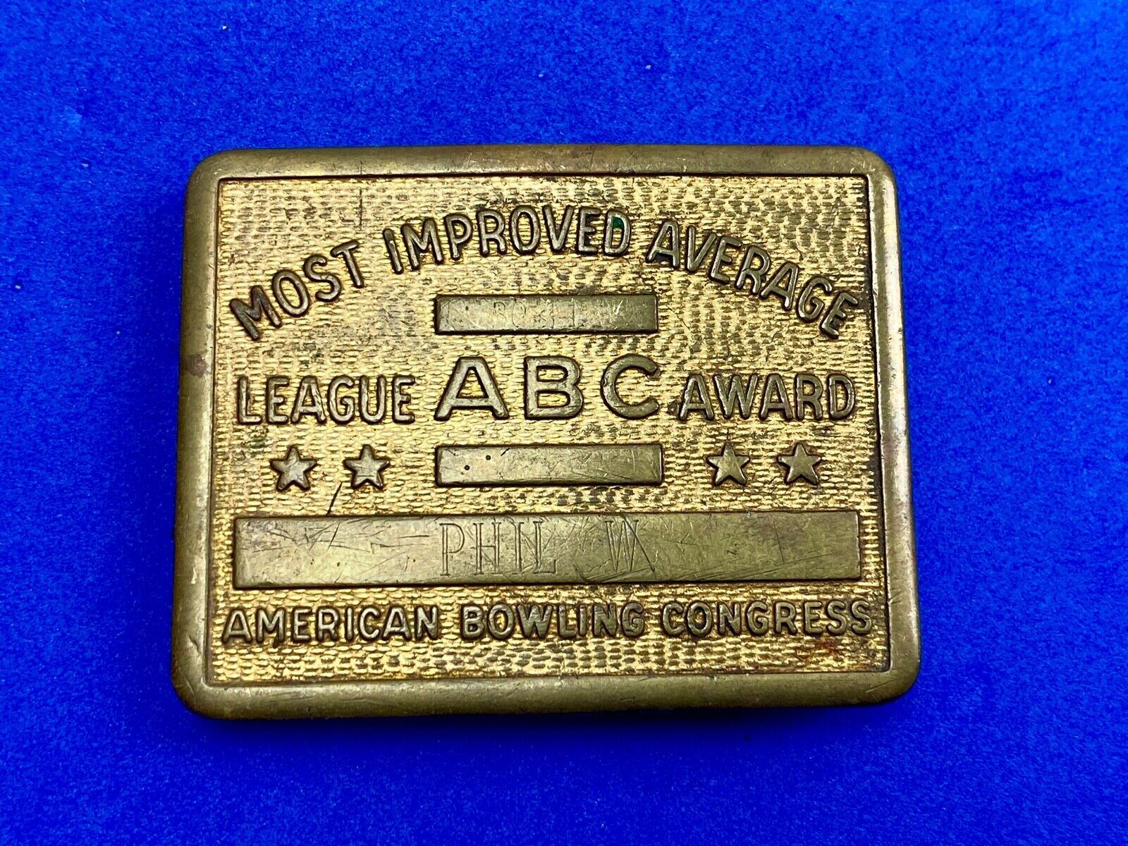 Vintage bowling  ABC American Bowling Congress most improved award belt buckle 