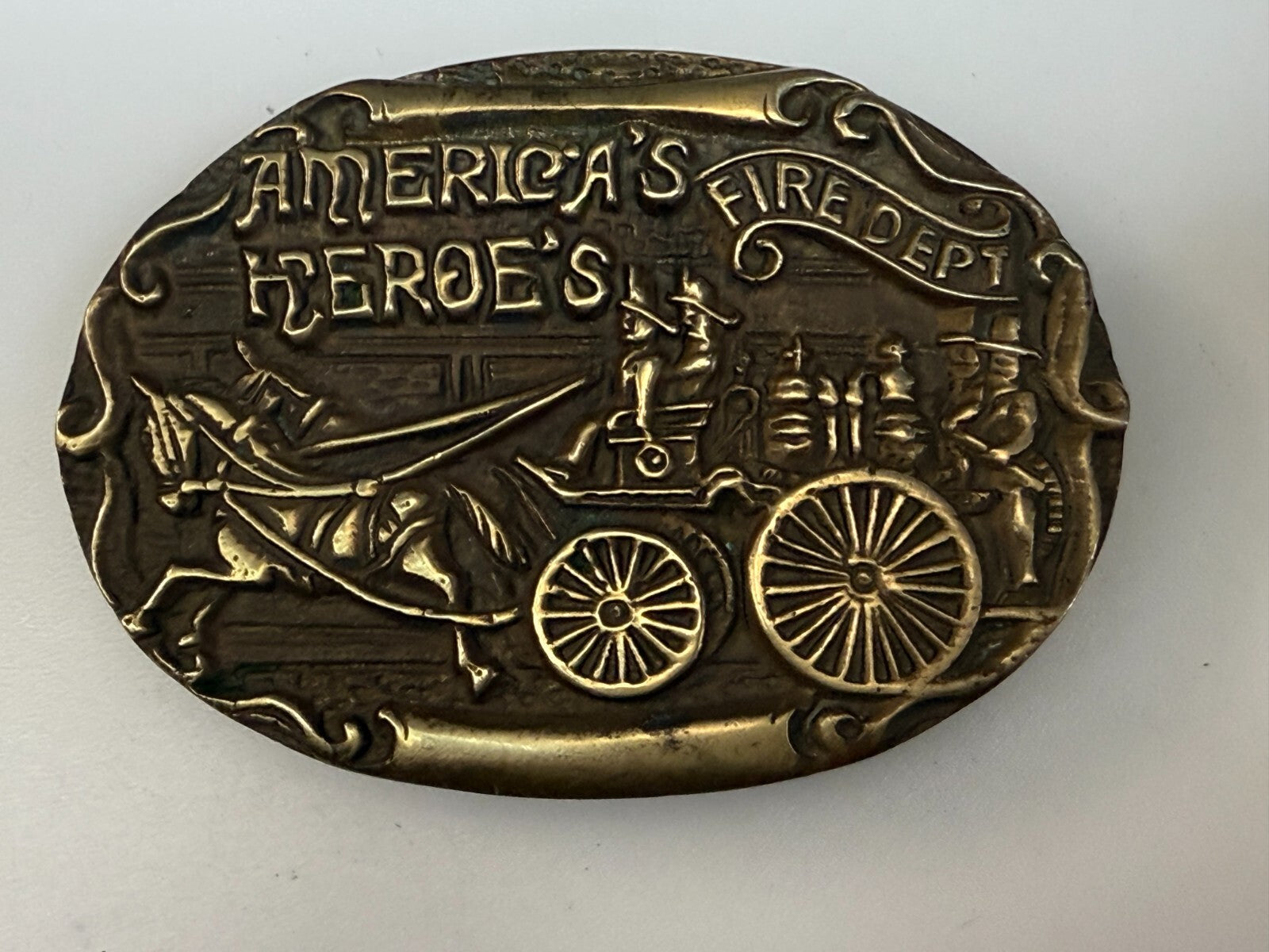 America's Heroes Fire Department Fireman Truck Wagon Solid Brass Belt Buckle