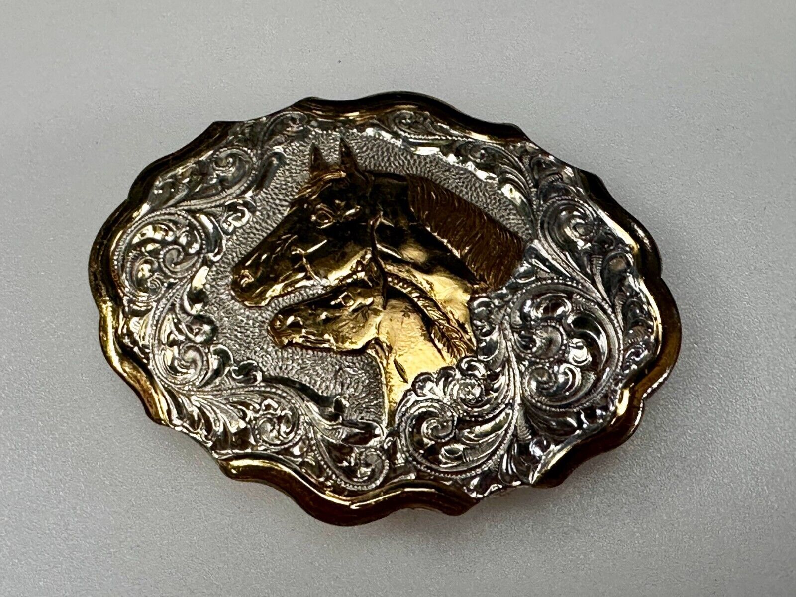 Two Horse Heads Beautiful  Ornate Rodeo Cowboy Two Tone Belt Buckle by Crumrine