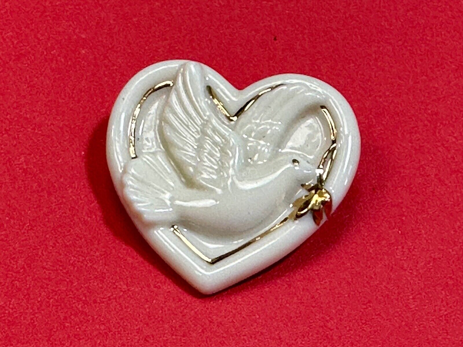 Vintage Lenox Heart Shaped Brooch with Peace Dove & Olive Branch, Gold Trim