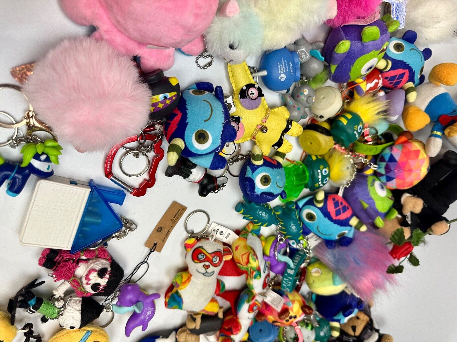Around 75 plush doll Keychains Resale Bulk Lot, Junk Drawer Grab Bag