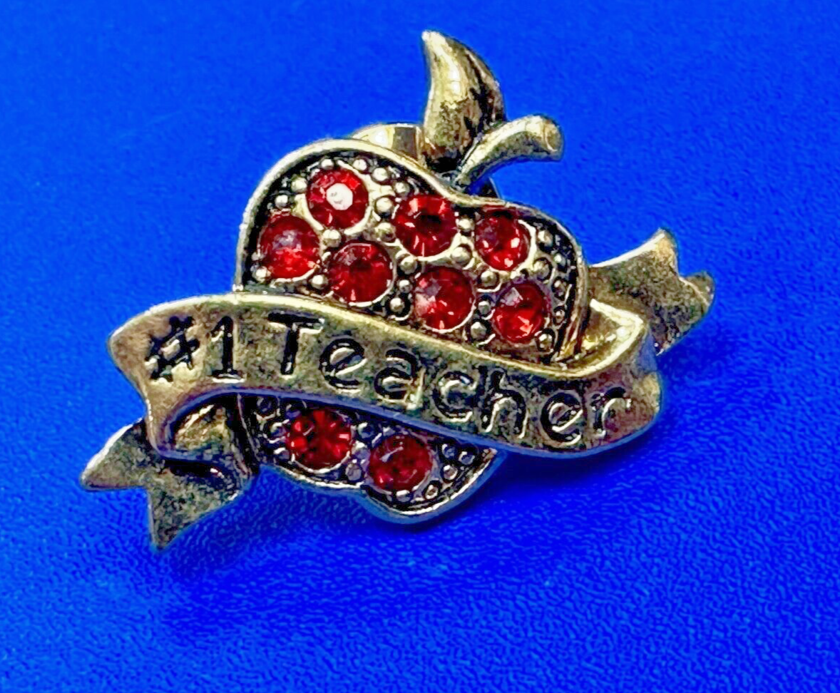 Apple Brooch Pin #1 Teacher Red Rhinestone Avon signed gold tone brooch