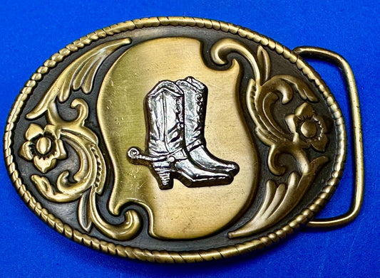 Vintage cowboy boots with spurs - gold & black color flower swirl belt buckle