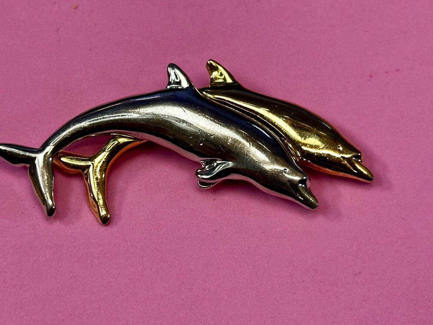 Two Dolphins Silver & Gold Tone Vintage Brooch Pin Signed Liz Claiborne