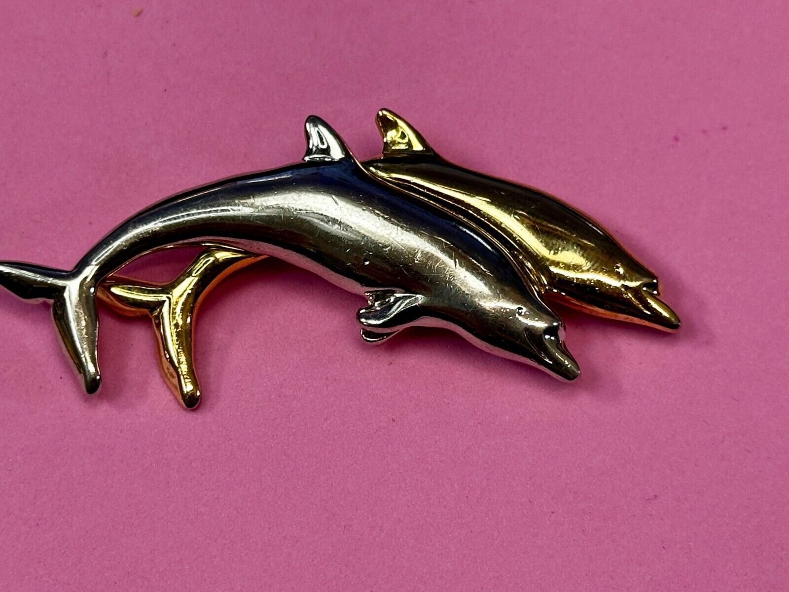 Two Dolphins Silver & Gold Tone Vintage Brooch Pin Signed Liz Claiborne