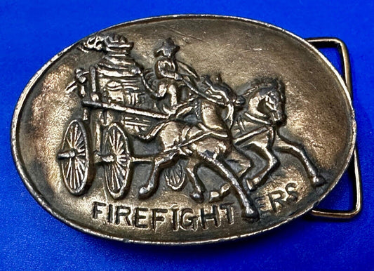 Antique Fire Fighters Fireman Horse Drawn Pumper Wagon Vintage Belt Buckle