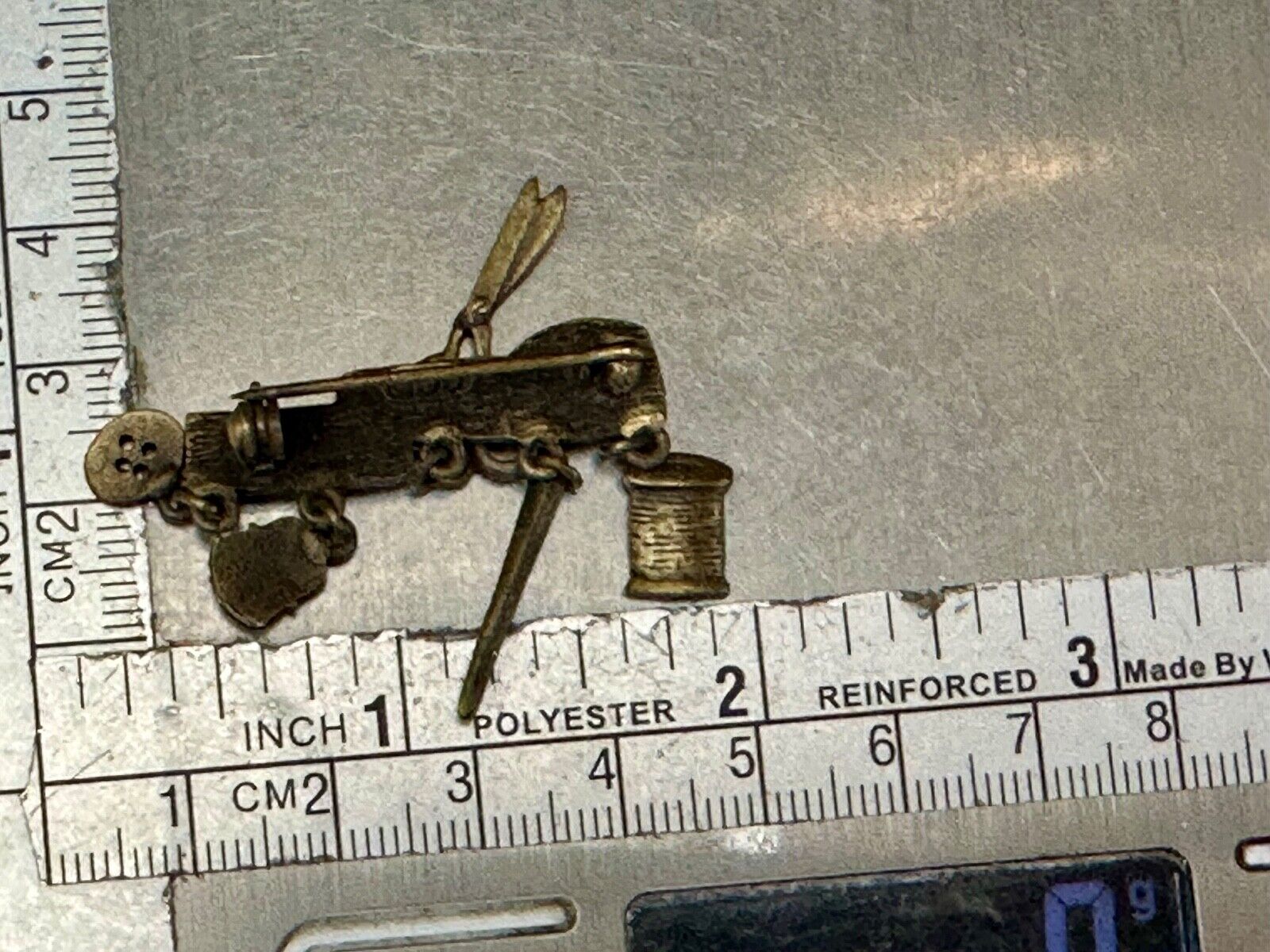 Sewing needle thread dangle charms JJ Signed vintage pewter brooch pin