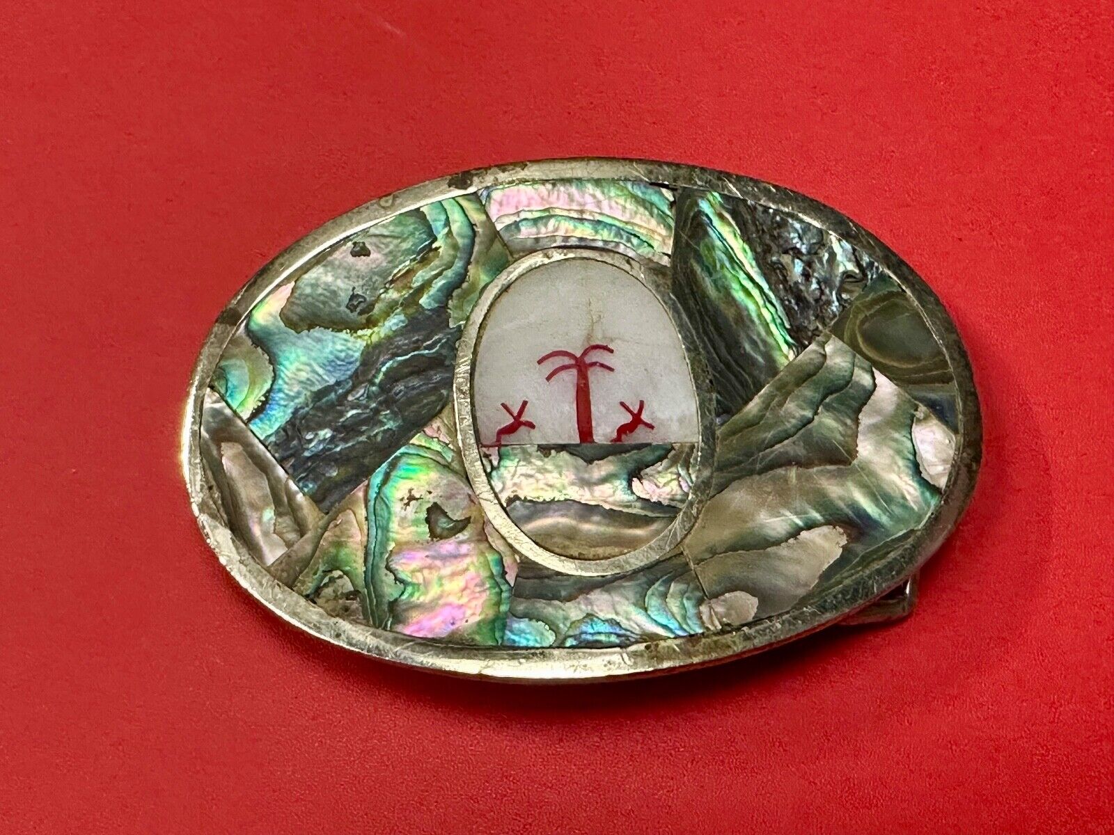 Abalone Shell Ocean Theme Palm Trees  3.5" wide Oval belt buckle from Mexico