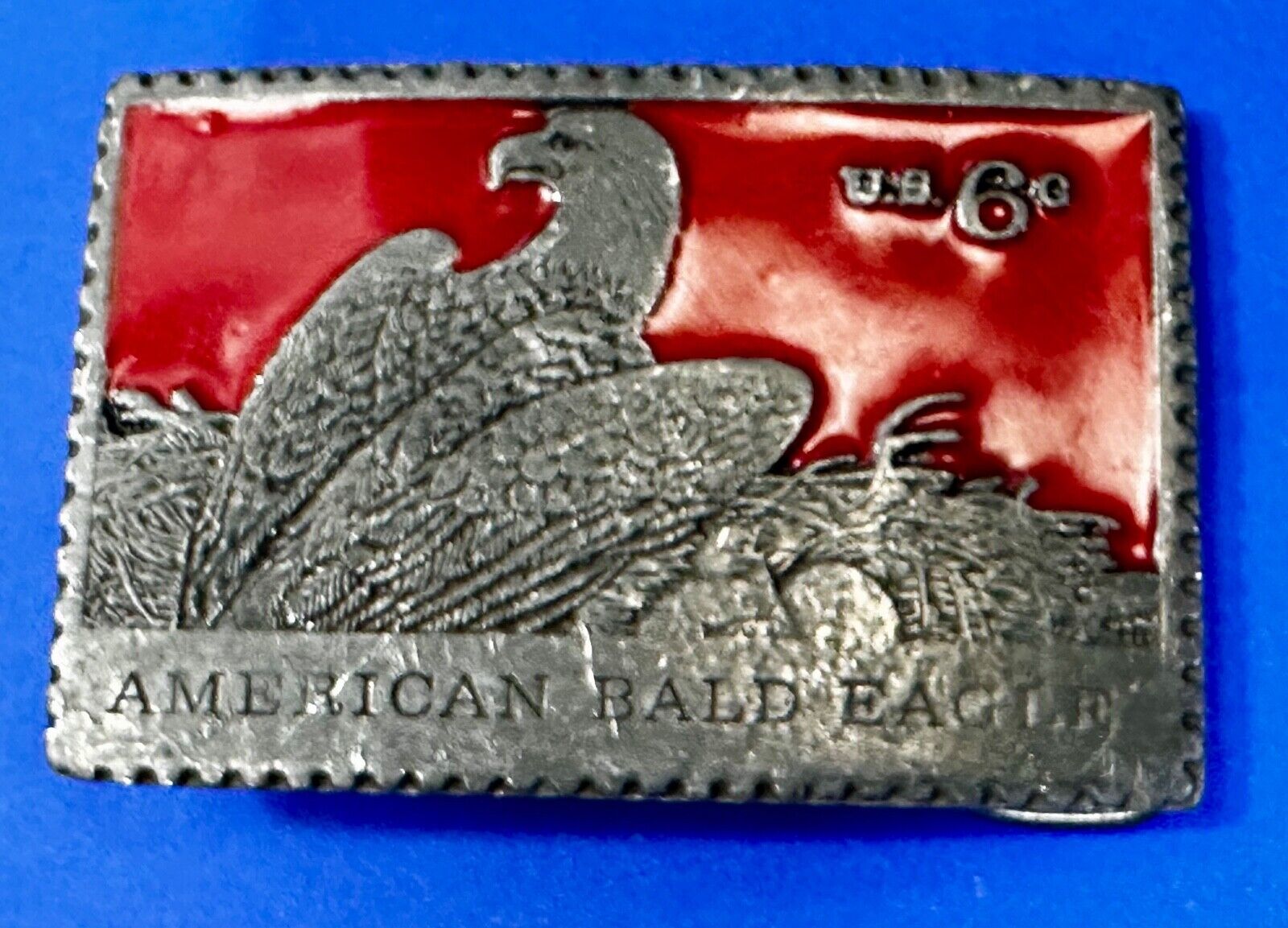 American Bald Eagle Postal Stamp Collectors Silver Red Color Belt Buckle