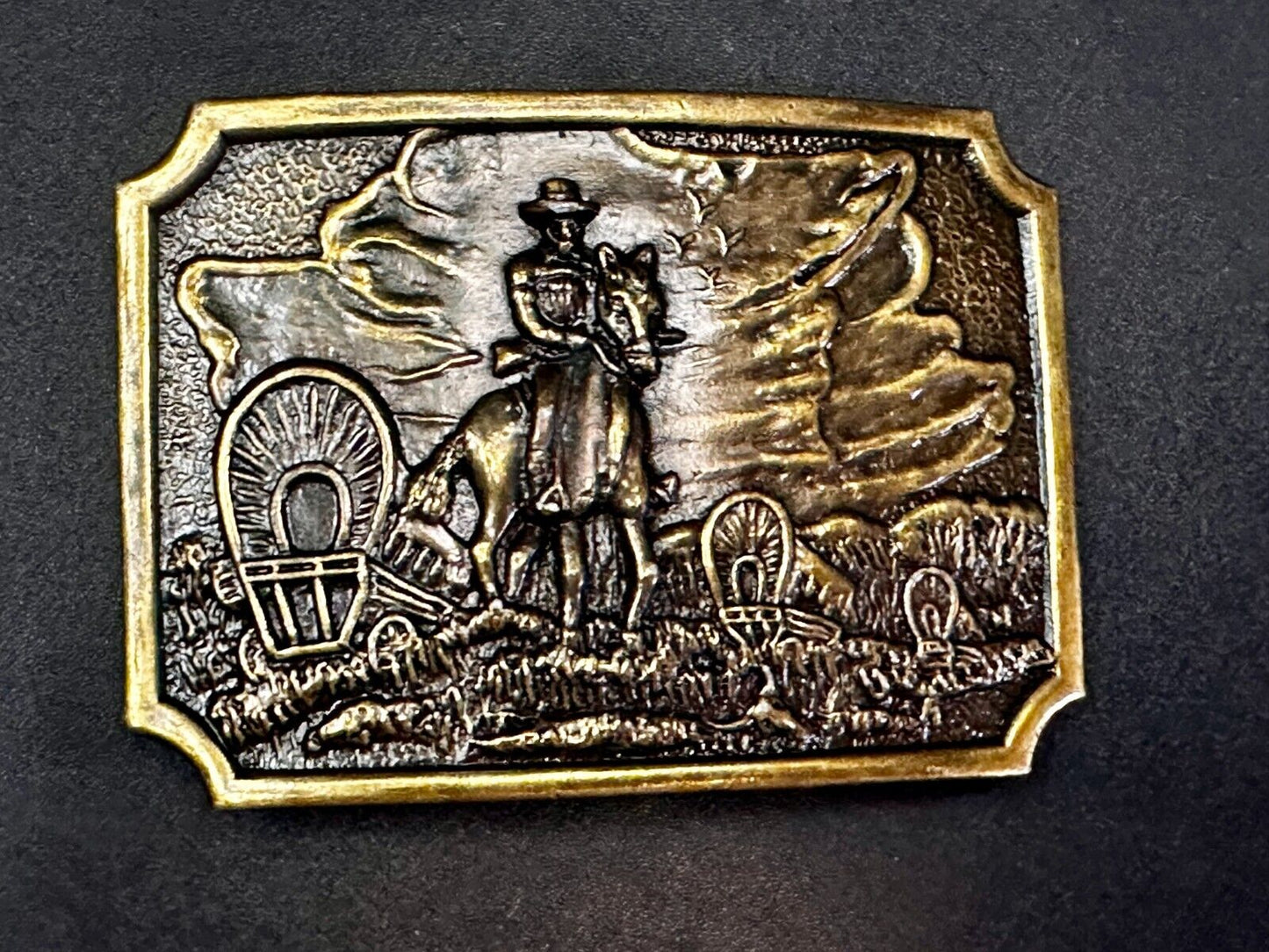 Tall In The Saddle Western Cowboy Leading Wagon Train Vintage ART Belt Buckle