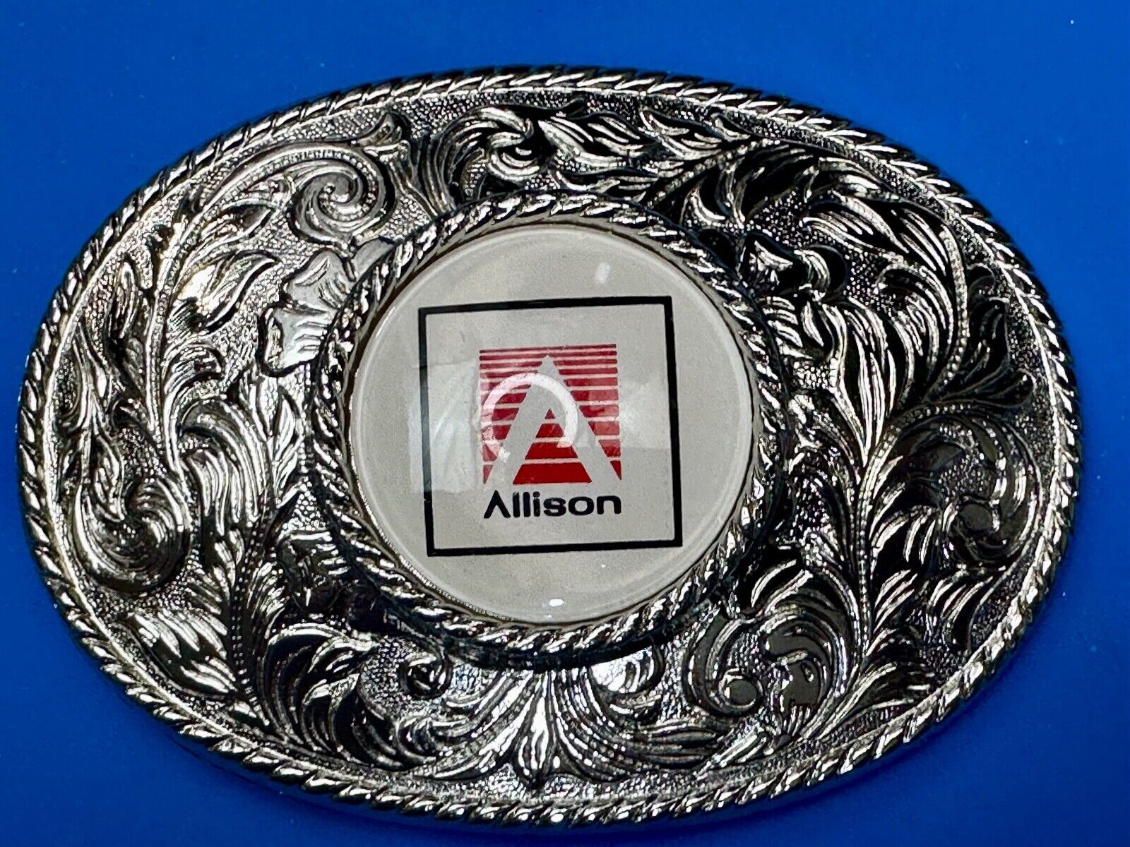 Allison Company Logo  Round Centerpiece Silver Tone Oval Western Belt Buckle
