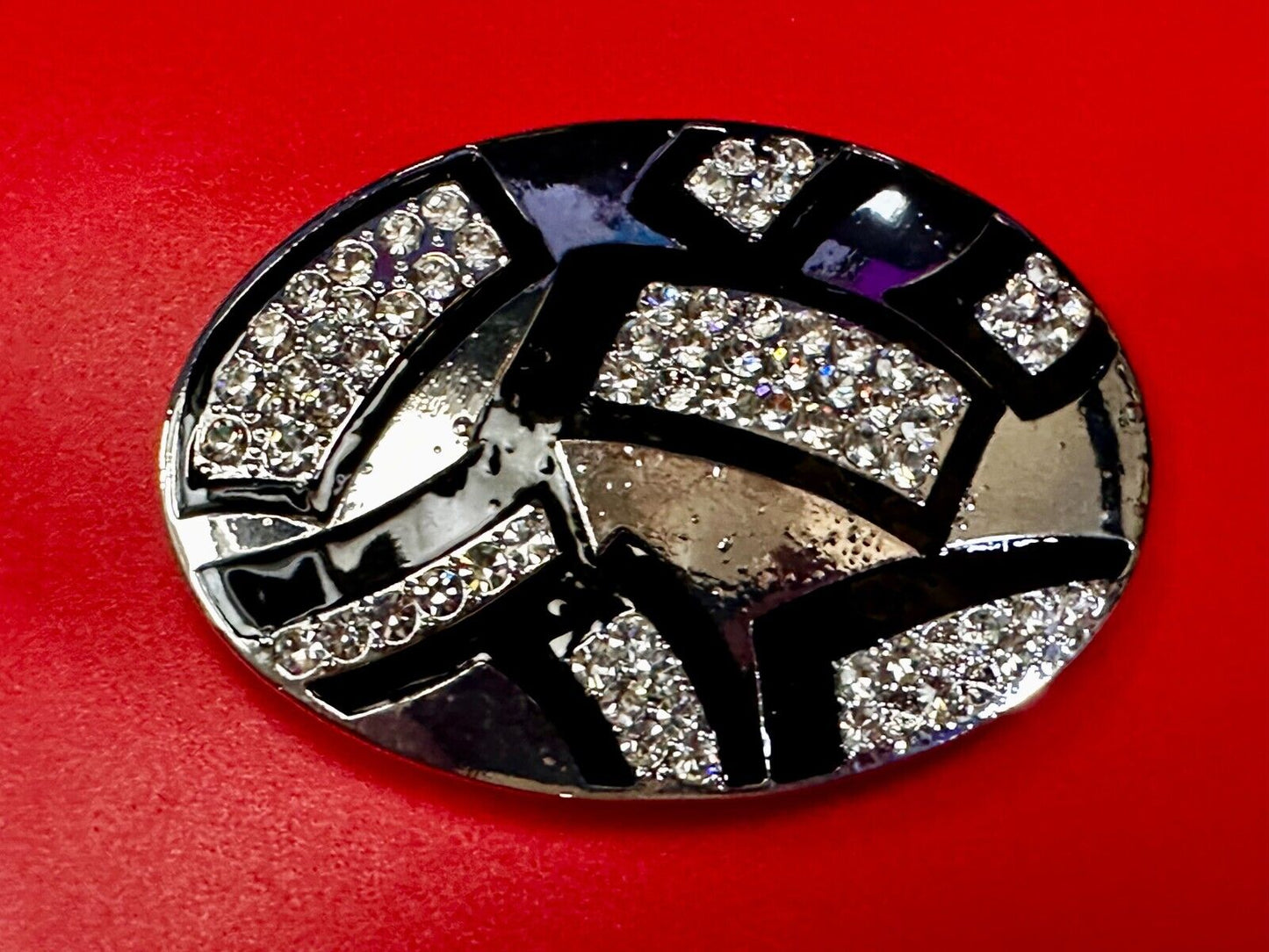 Unique Rhinestone Accented Black & Silver Tone Women's Oval Belt Buckle