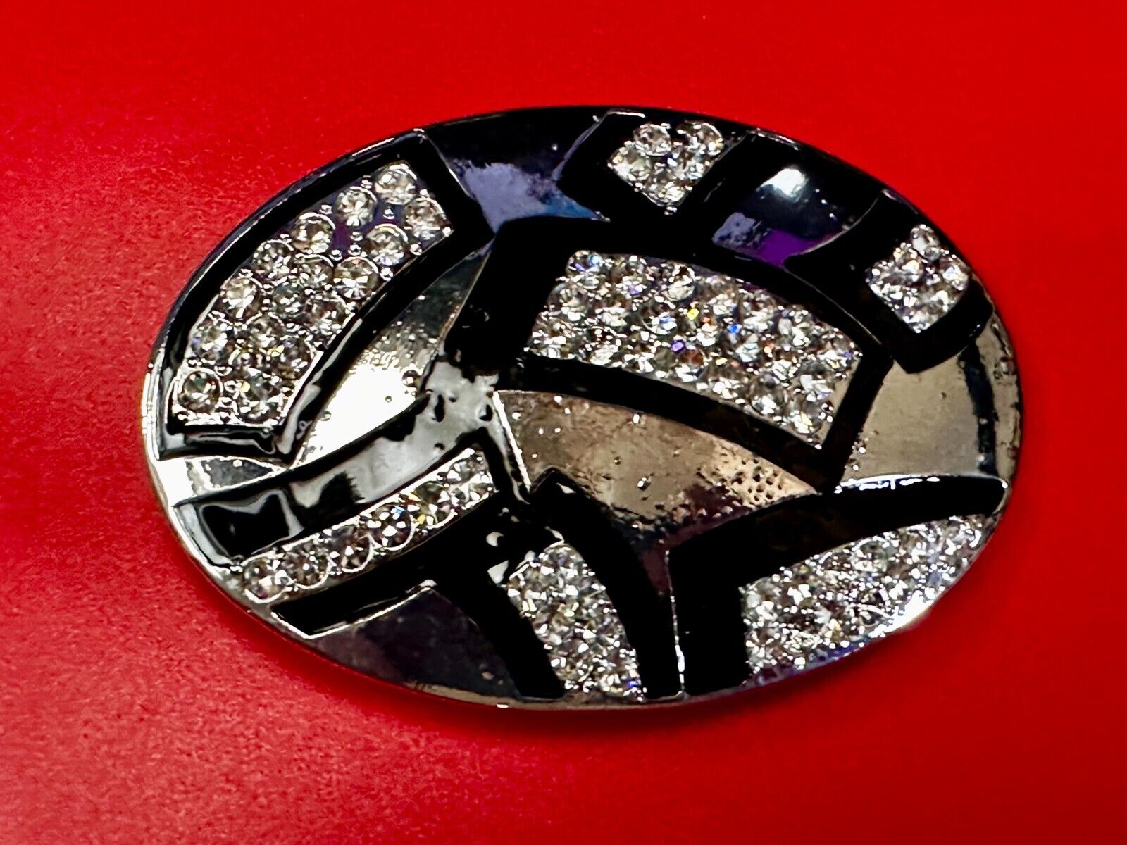 Unique Rhinestone Accented Black & Silver Tone Women's Oval Belt Buckle