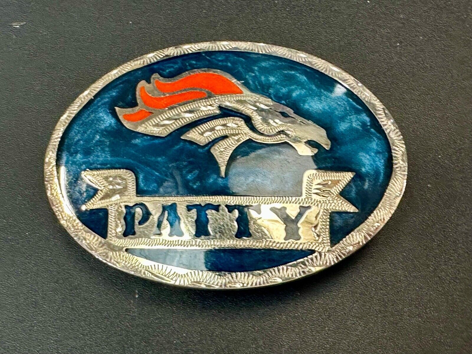 Artisan Custom Name PATTY ribbon - enamel inlaid Mustang race horse belt buckle