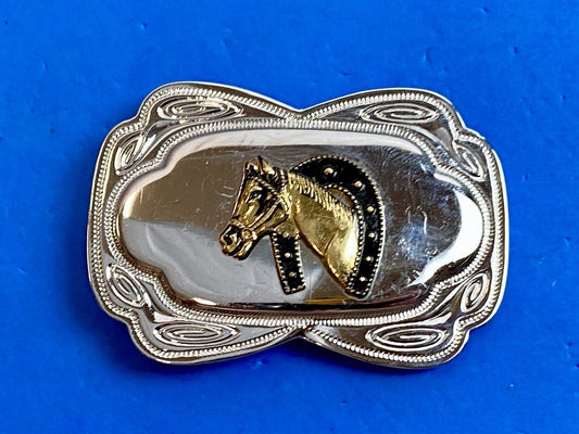 VINTAGE DIMENSIONAL WESTERN HORSE HEAD through HORSESHOE EQUESTRIAN BELT BUCKLE 