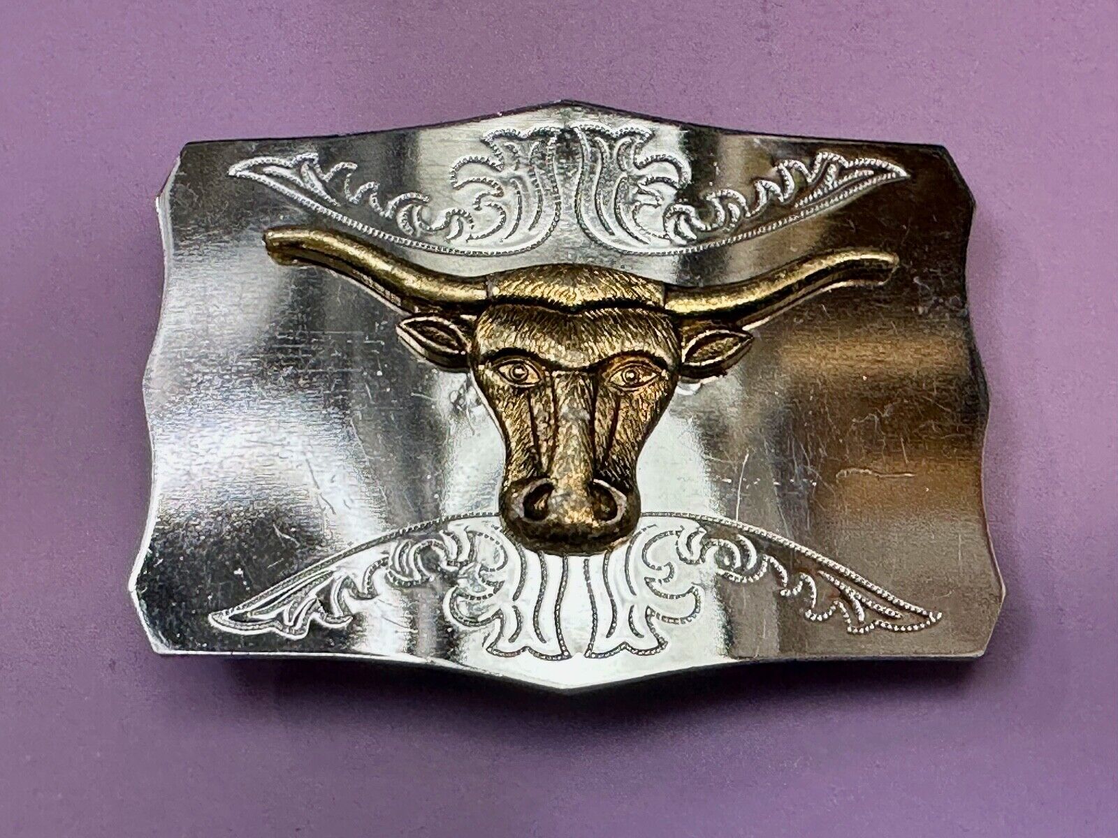Two tone Raised Longhorn Cow Steer on Vintage Belt Buckle made in Japan
