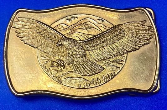 Vintage Gold Color Patriotic American Eagle flying in front of Mountains belt b