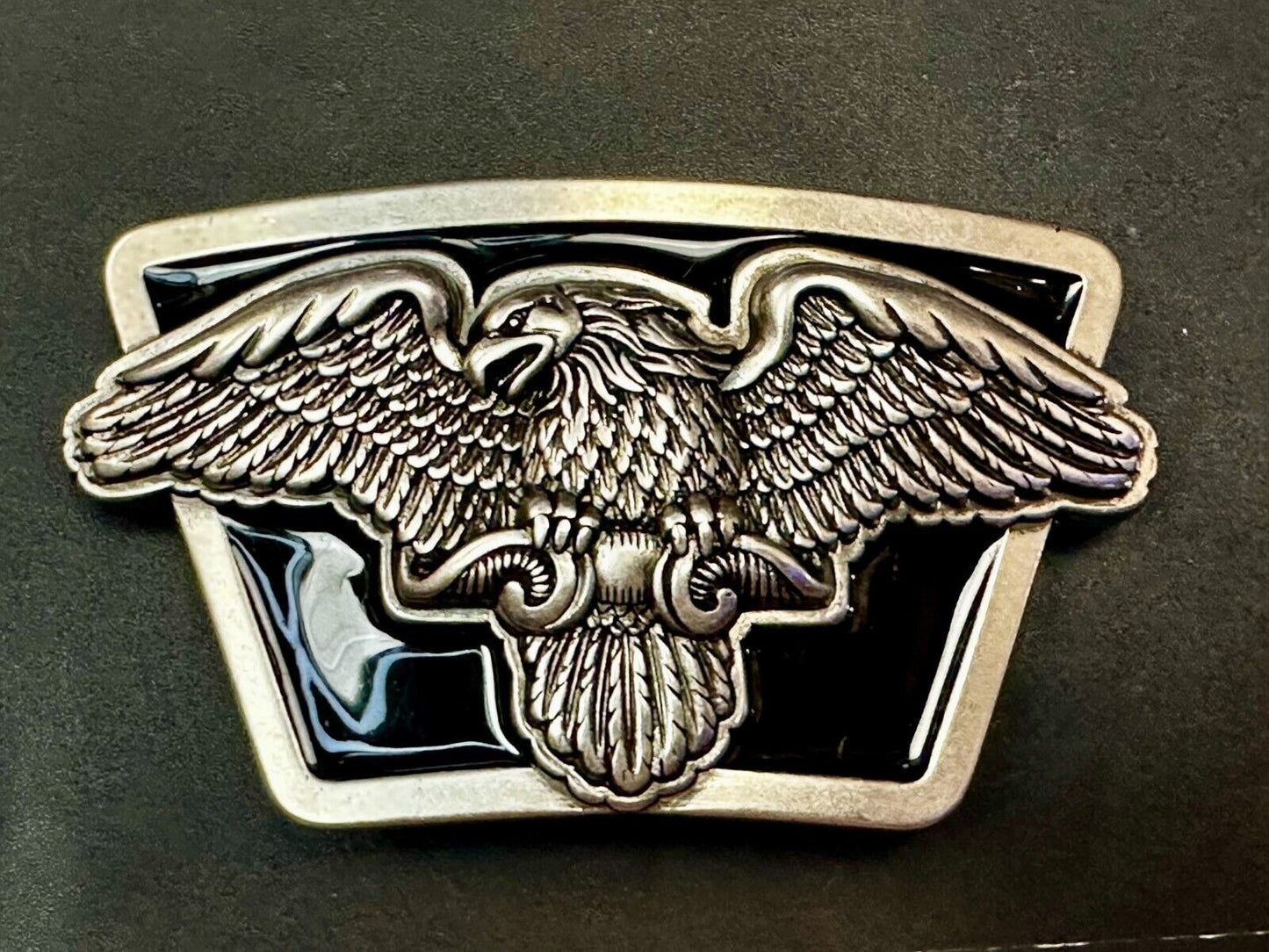 American Flying Bald Eagle Spreading Wings Silver Tone Black Enamel Belt Buckle
