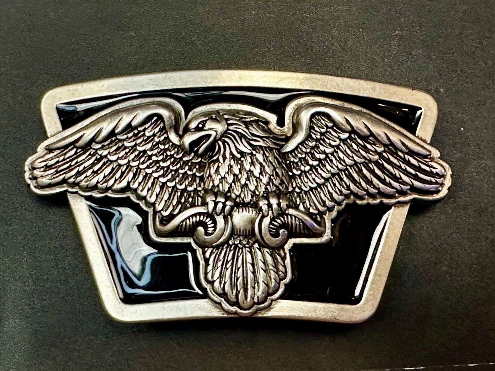 American Flying Bald Eagle Spreading Wings Silver Tone Black Enamel Belt Buckle