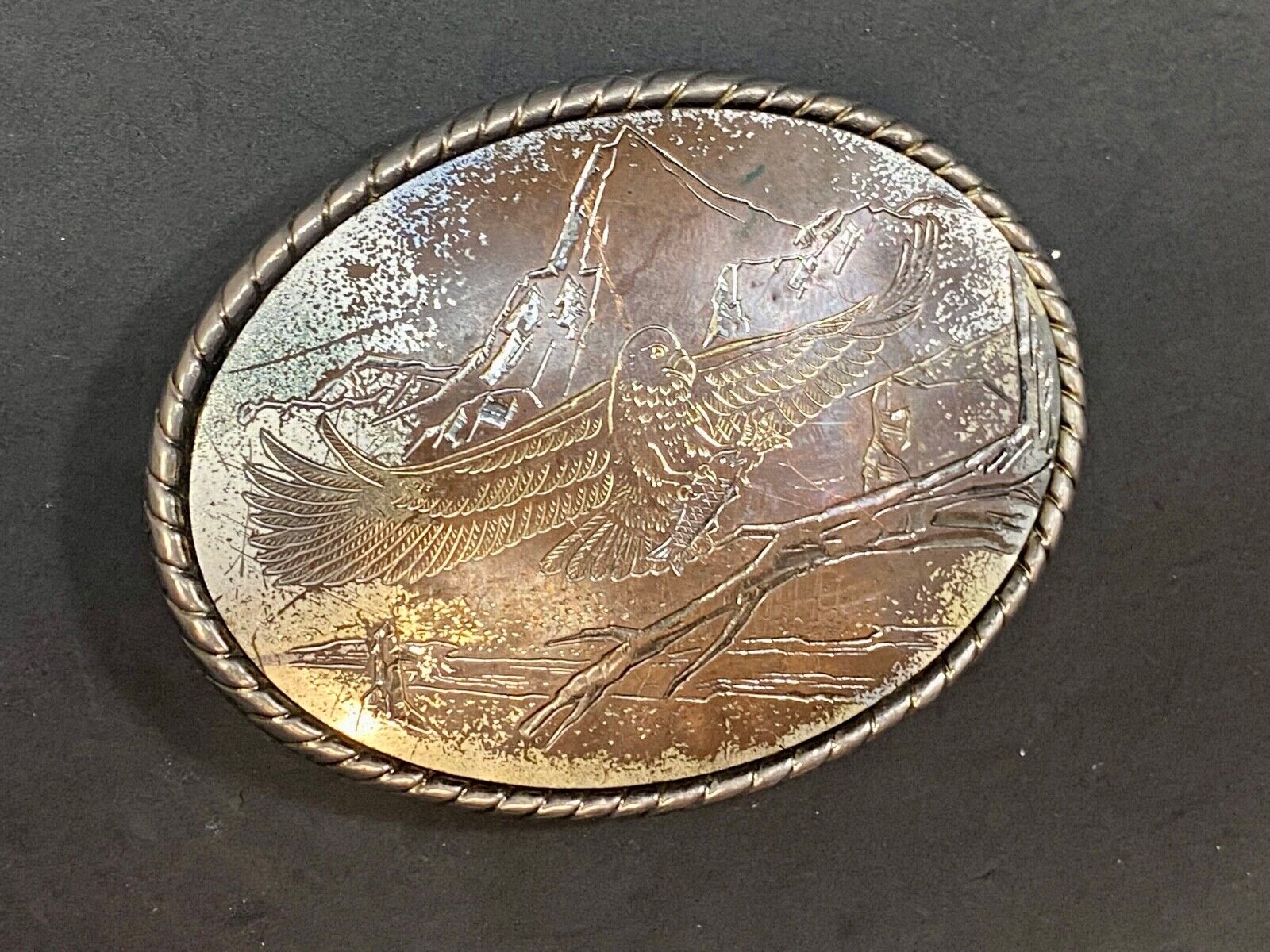 Vintage Engraved Western Ware Eagle Over Mountainside Belt Buckle Signed W 