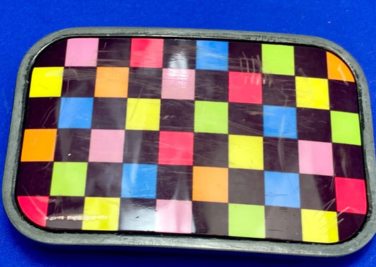 Vintage 80s Style Neon Checkerboard Pattern Black Yellow Pink Blue Belt Buckle