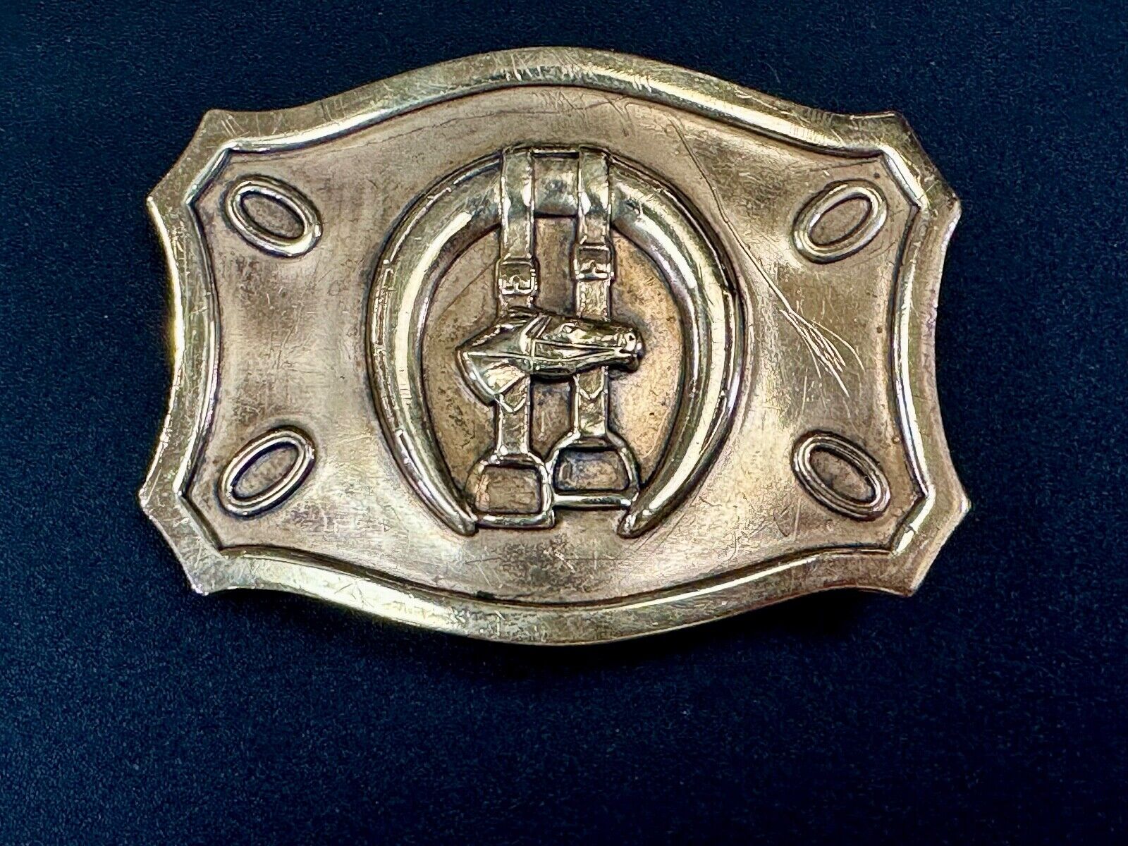 Vintage horse, head &  stirrups western lucky horseshoe belt buckle