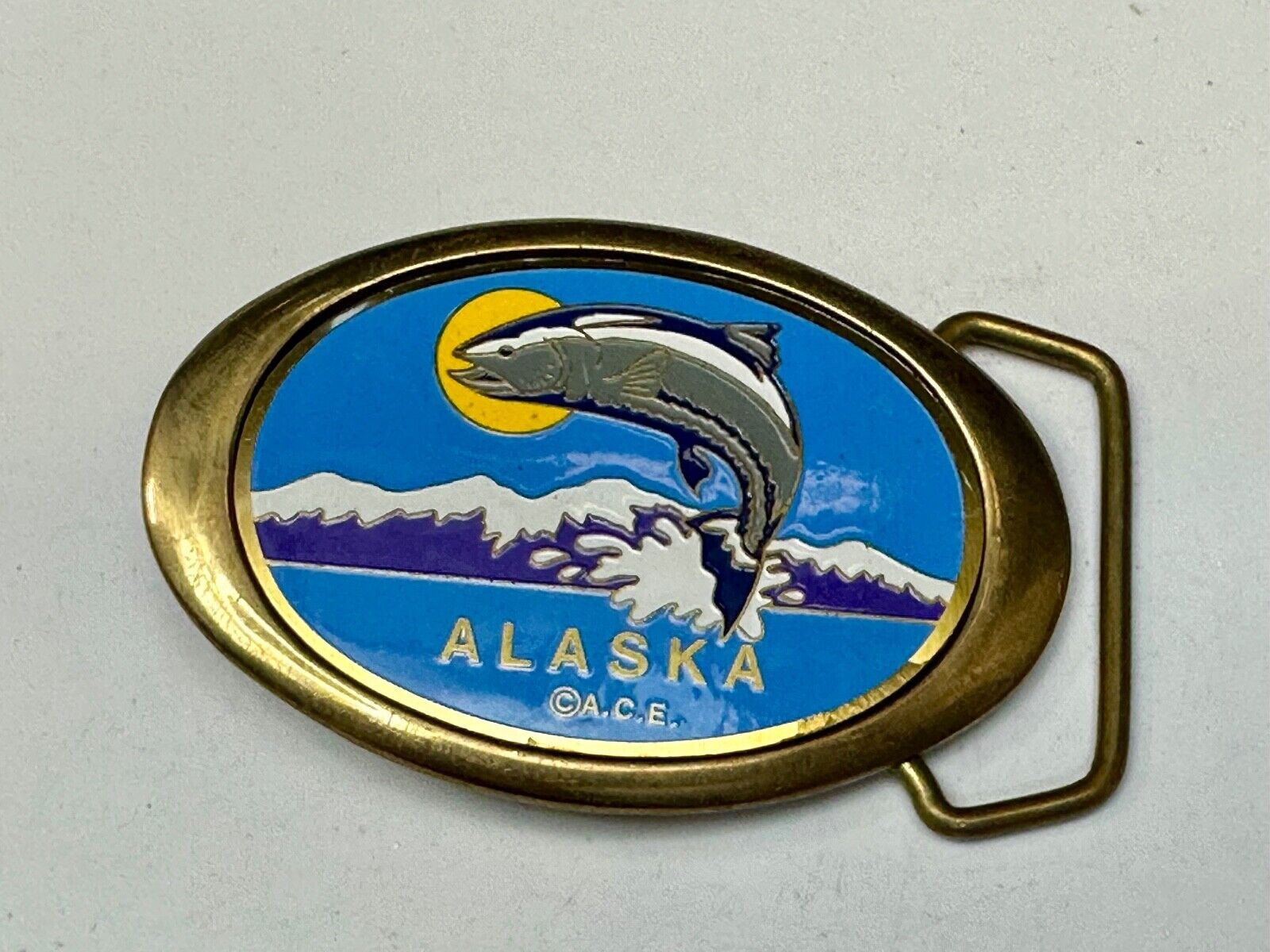 Alaska A.C.E. Jumping Fish - Vintage Solid Brass oval Belt Buckle  QB-101