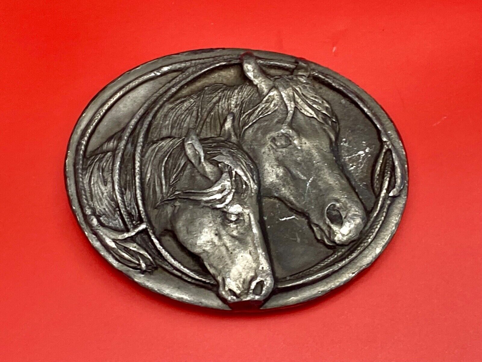 Two Horse Heads western 3" wide belt buckle - Key Makers Mark / Hallmark