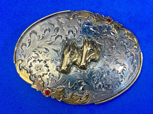 Beautiful & Quality!  Vintage horse head Bust Flower Swirl 4" belt buckle 